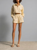 Women's Casual Light Yellow Corduroy Half-Zip Collared Long-Sleeve Cropped Jacket & Elastic-Waist Shorts Set MDZ2055G0CMX