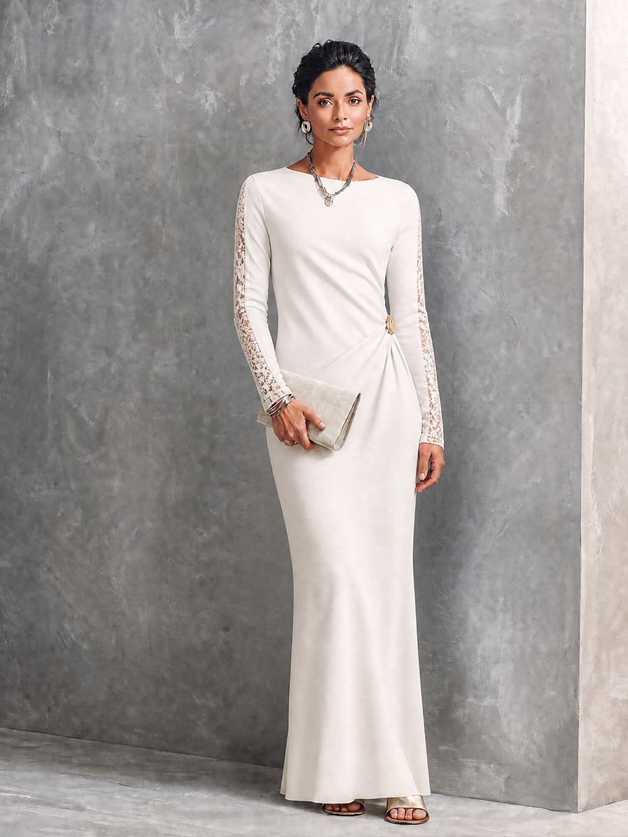 Women's Elegant Ivory Knit Cotton Blend Lace Sleeve Ruched Waist Maxi Dress MDZ2432G5GMJ