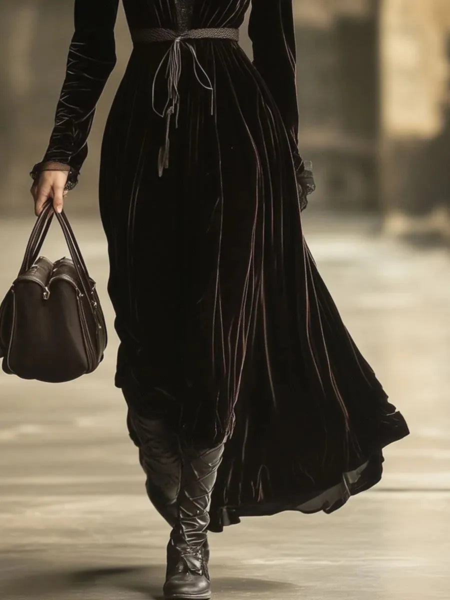 V-Neck Lace Panel Solid Long-Sleeved Maxi Dress