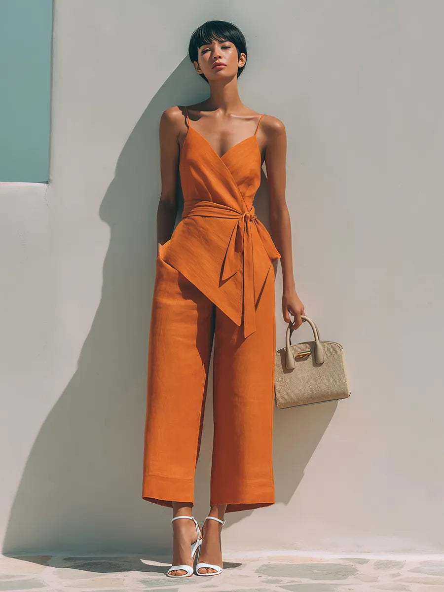 Women's Minimalist Linen-Blend Wrap-Front V-Neck Tie-Waist Sleeveless Cropped Jumpsuit MDZ2221F2ZRK