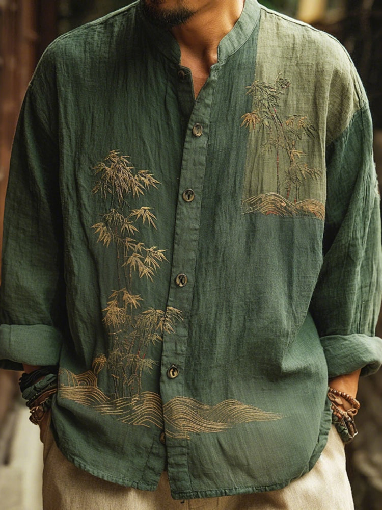 Men's Japanese-style Bamboo Waves Pattern Linen Blend Shirt