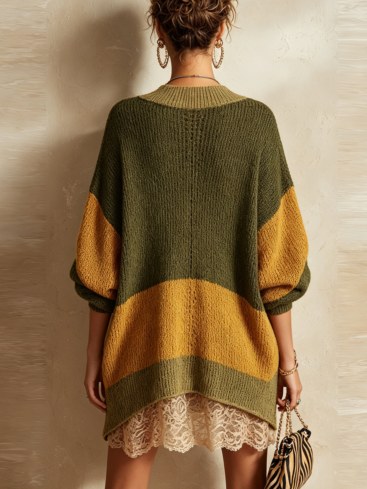Olive Colorblock Lace Hem Knit Mini Dress