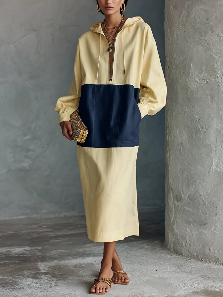 Women's Minimal Casual Pale Yellow Spliced Navy Cotton Blend Half Zip Hooded Long Sleeve Midi Dress MDZ1460G6GMJ