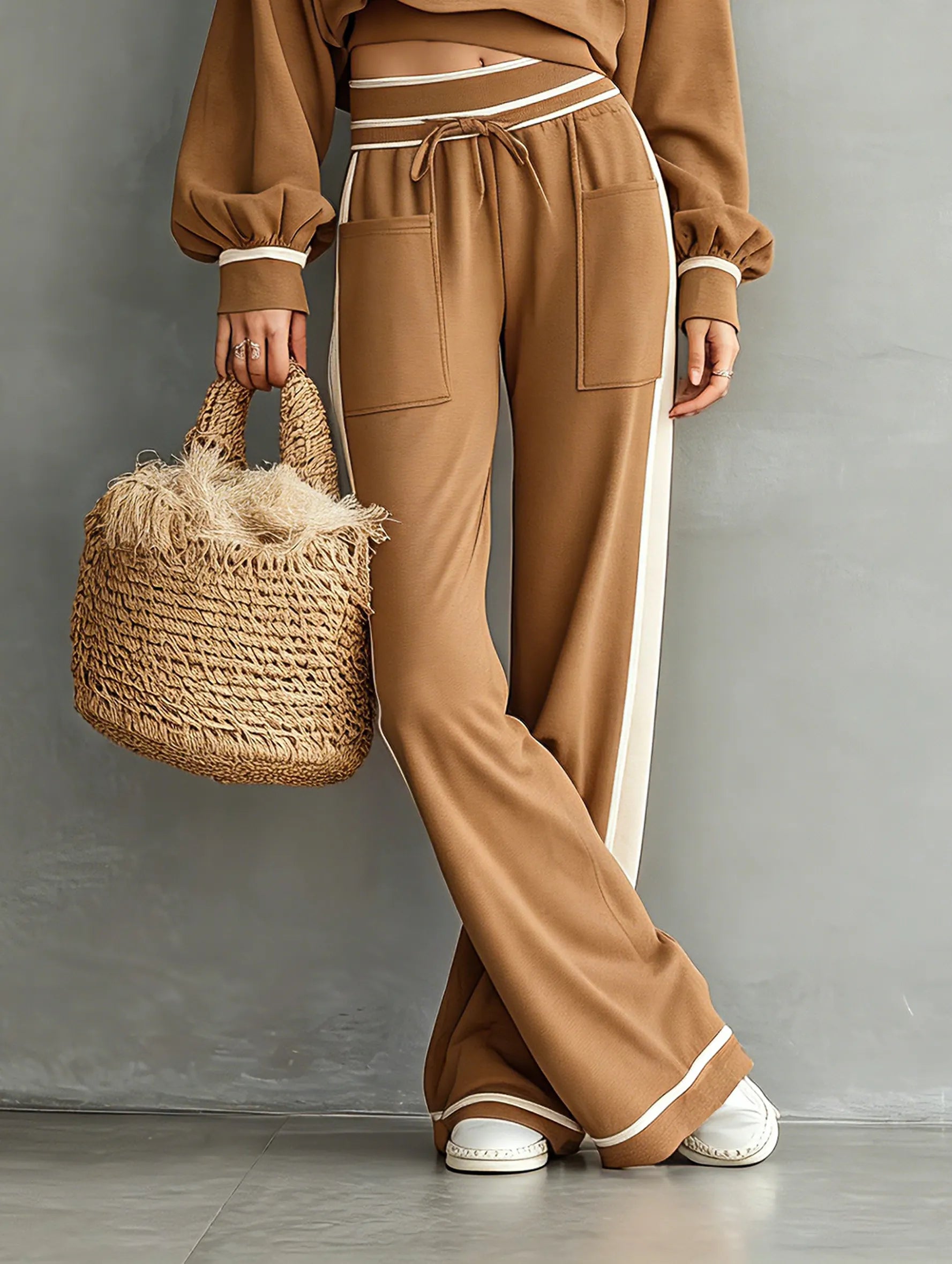 Women's Casual Long-Sleeve Sweatshirt And Flared Sweatpants Set MDZ1897F7WY