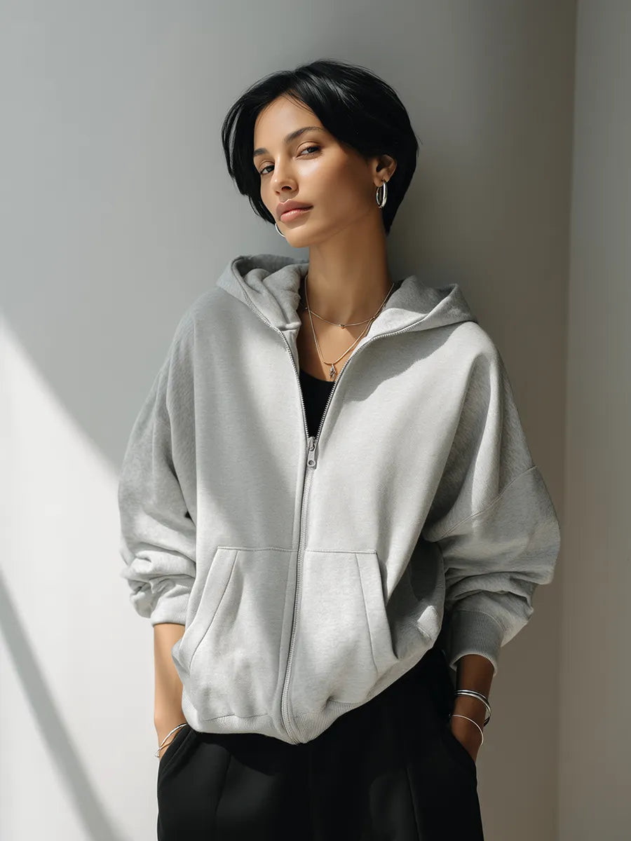 Women's Fashion Oversized Light Gray Zip-Up Hooded Sweatshirt Jacket MDZ1682G7ZRK