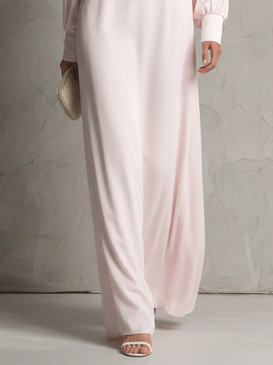 Women's Pale Pink Boat Neck Long Sleeve Open Back Maxi Dress MDZ0986C4BA