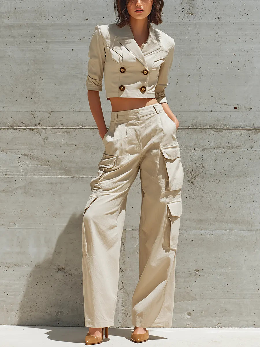 Women's Beige Linen Blend Double Breasted Three Quarter Sleeve Cropped Blazer Multi Pocket Wide Leg Cargo Pant Two Piece Suit Set MDZ1787G0YZJ