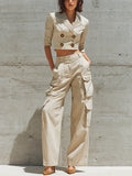 Women's Beige Linen Blend Double Breasted Three Quarter Sleeve Cropped Blazer Multi Pocket Wide Leg Cargo Pant Two Piece Suit Set MDZ1787G0YZJ