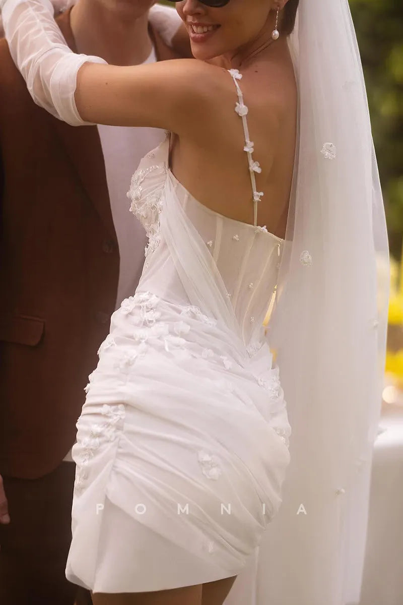 P3199 - Spaghetti Straps Sleeveless Pleated Appliques Short Bohemian Wedding Dress