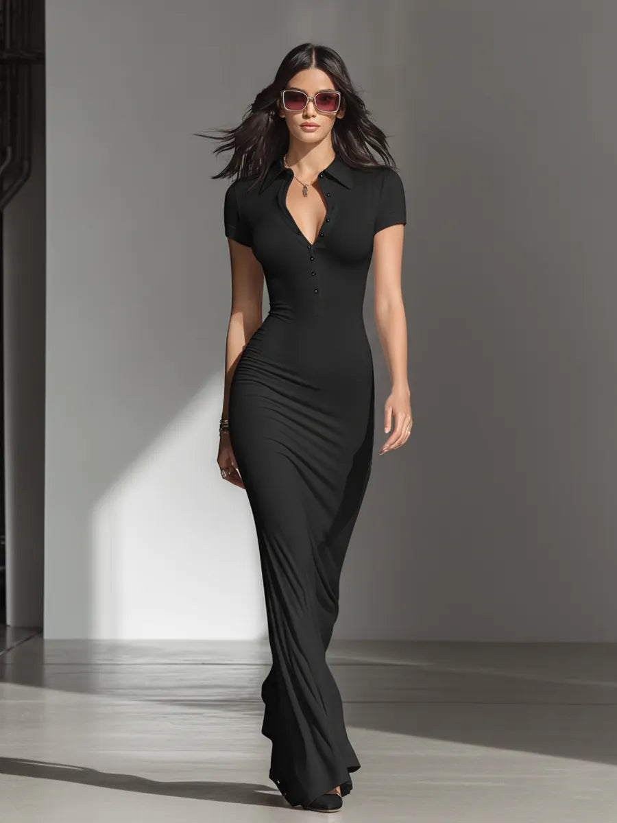 Women's Solid Black Soft Jersey Floor Dress With V Neck Henley Buttons & Figure-Hugging Silhouette, Modern Minimalist Casual Formal Maxi Dress MDZ2617F2LYL