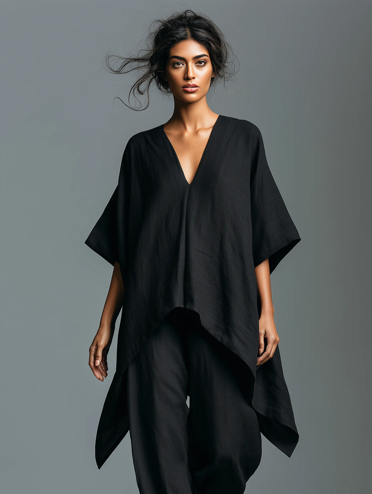 Women's Minimalist Linen-blend V-neck Mid-sleeve Blouse And Lantern Pants Set With An Asymmetrical Hem MDZ0852G6WY