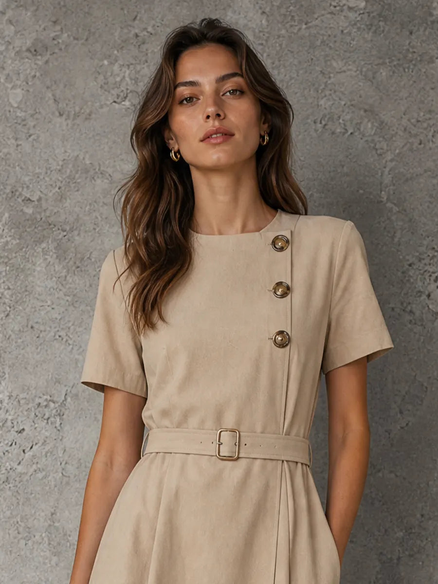 Women's Minimalist Elegant Khaki Cotton Blend Button Belted Short Sleeve Midi Dress MDZ2133G8GMJ