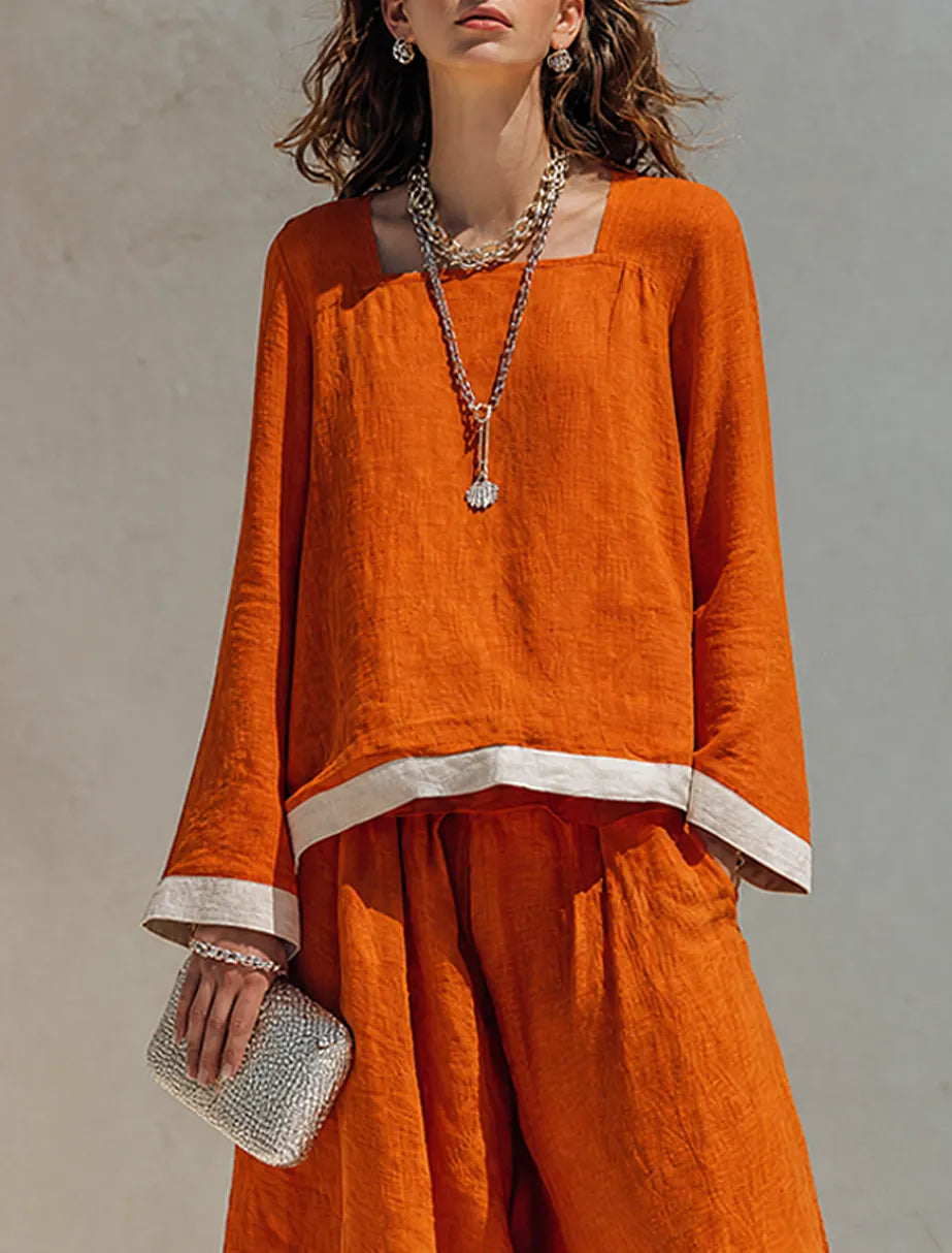 Women's Cotton-Linen Blend Square-Neck Long-Sleeve Top & Wide-Leg Pants Set With Contrast Trim MDZ0892G3ZRK