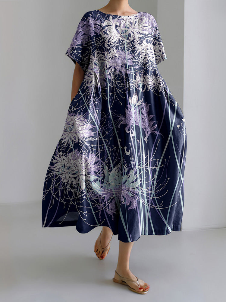 Women's Japanese Chrysanthemum Art Short Sleeve Midi Dress