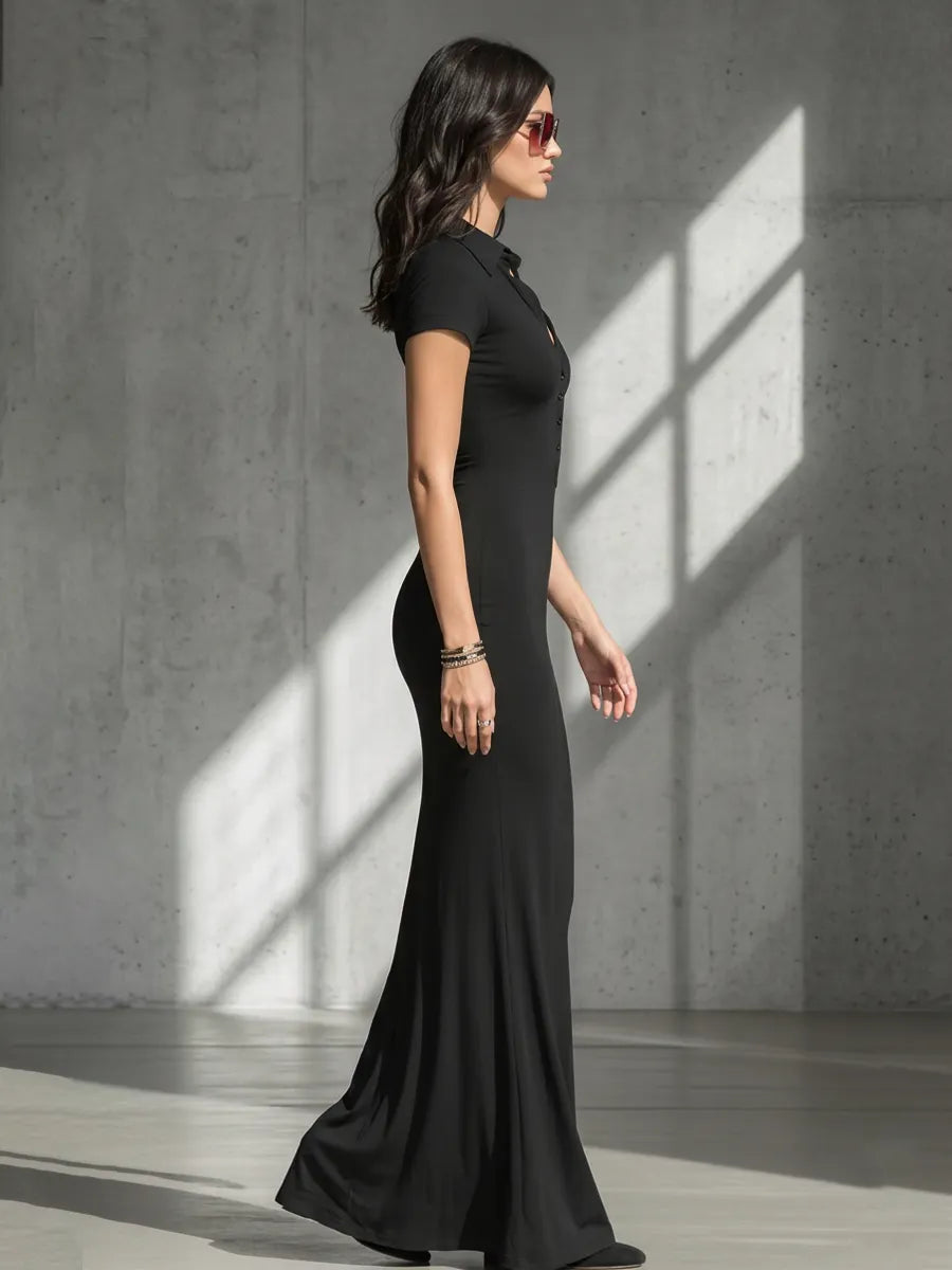 Women's Solid Black Soft Jersey Floor Dress With V Neck Henley Buttons & Figure-Hugging Silhouette, Modern Minimalist Casual Formal Maxi Dress MDZ2617F2LYL