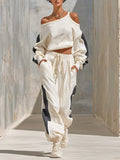 Women's Cream Color Block Cotton Blend Co-Ord Set With Cold Shoulder Striped Sweatshirt & Drawstring Jogger Pants, Streetwear Casual Cropped Co-Ord Outfit MDZ2206G1LYL