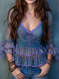 Bohemian Purple Paisley Sheer Mesh Lace Ruffled Blouse