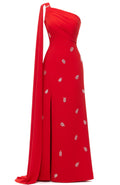 Cape Sleeve Crystal Maxi Dress Red