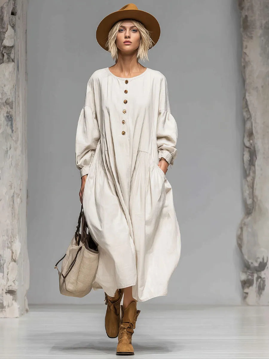 Loose Round-neck Button-front Double-pocket Cotton Long-sleeved Midi Dress