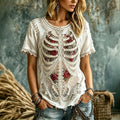 Women's Retro Halloween Skull And Rose Bloodstained Pattern Casual Crew Neck T-shirt