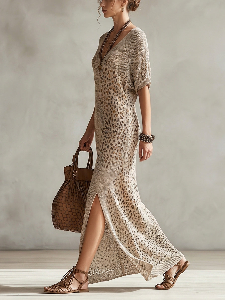 Brown Leopard Short Sleeve Loose Slit Knit Maxi Dress