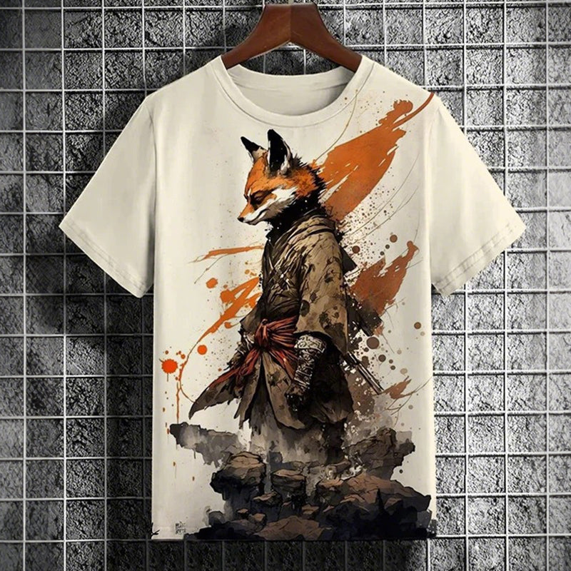 Men's Fox Warrior Watercolor Art Print Casual Short Sleeve T-shirt