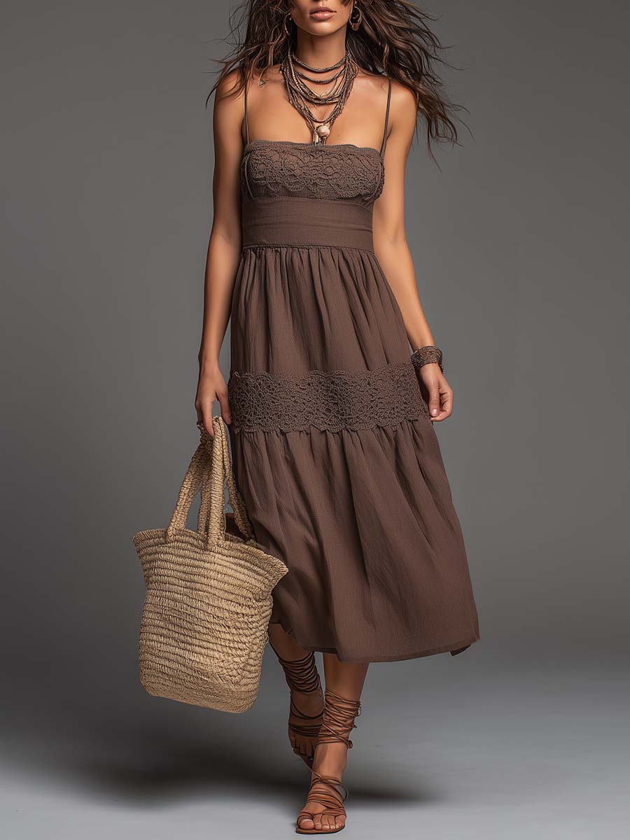 Vintage Square-Neck Lace Panel Spaghetti Straps Midi Dress