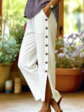 Women's Cotton-linen Button Slit Solid-color Loose-fit Casual Trousers