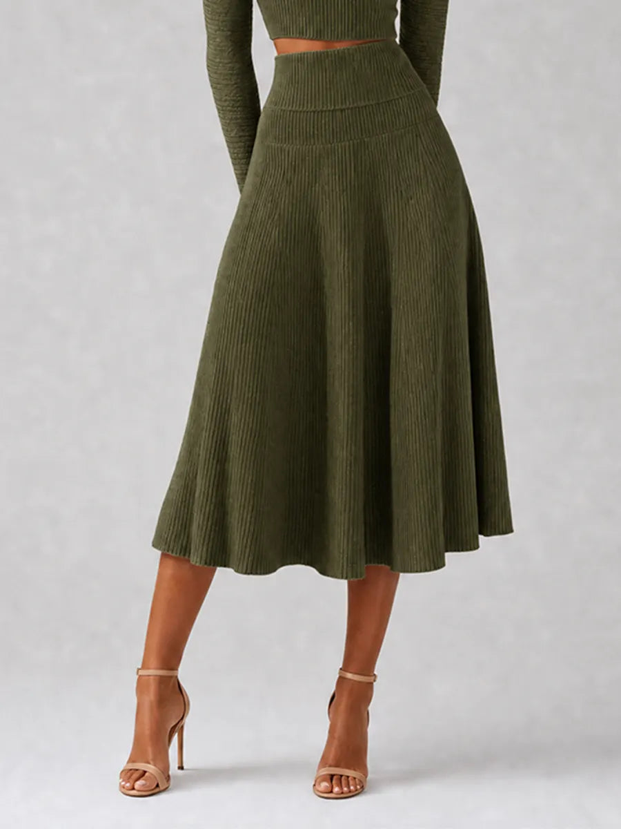Women's Elegant Green Ribbed-Knit Off-Shoulder Crossover-Neck Long-Sleeve Cropped Top & High-Waisted A-Line Midi Skirt Set MDZ2462G3CMX