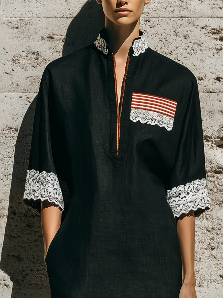 Women's Black Cotton-linen Blend Mandarin Collar Half Zip White Lace Trim Three Quarter Stripe Patch Pocket Midi Kaftan Dress MDZ1444G4YZJ