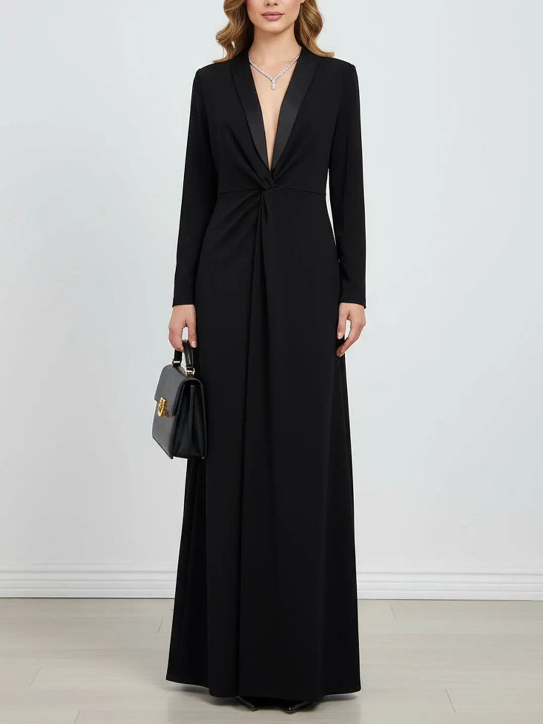 Long Sleeves Skinny Solid Color Deep V-Neck Maxi Dresses