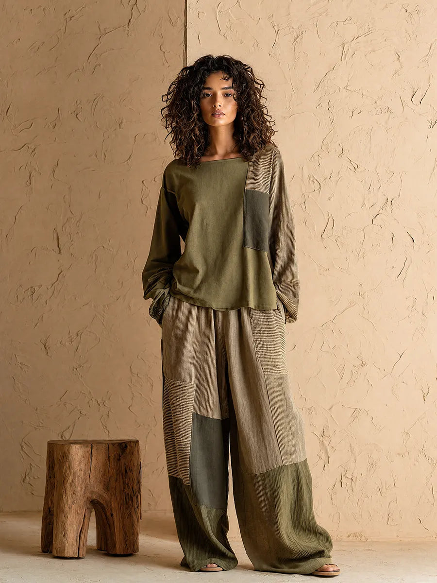 Women's Casual Vintage Army Green Cotton-Linen Patchwork Loose Round Neck Long-Sleeve Top & Wide-Leg Pants Set MDZ0982G6CMX