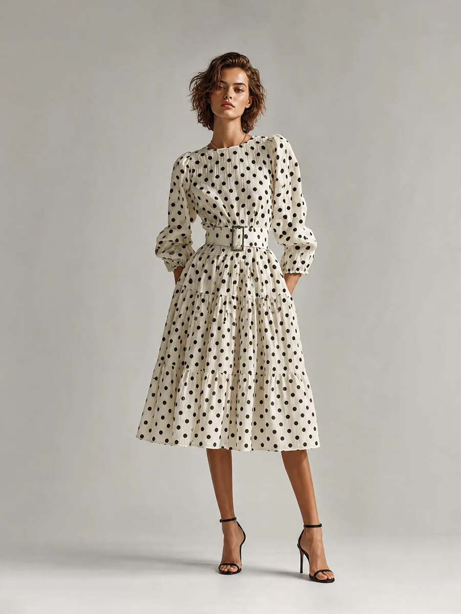 Women's Elegant Vintage Off-white & Black Polka-Dot Round-Neck Blouson-Sleeve Belted Tiered Midi Dress MDZ2467G6CMX