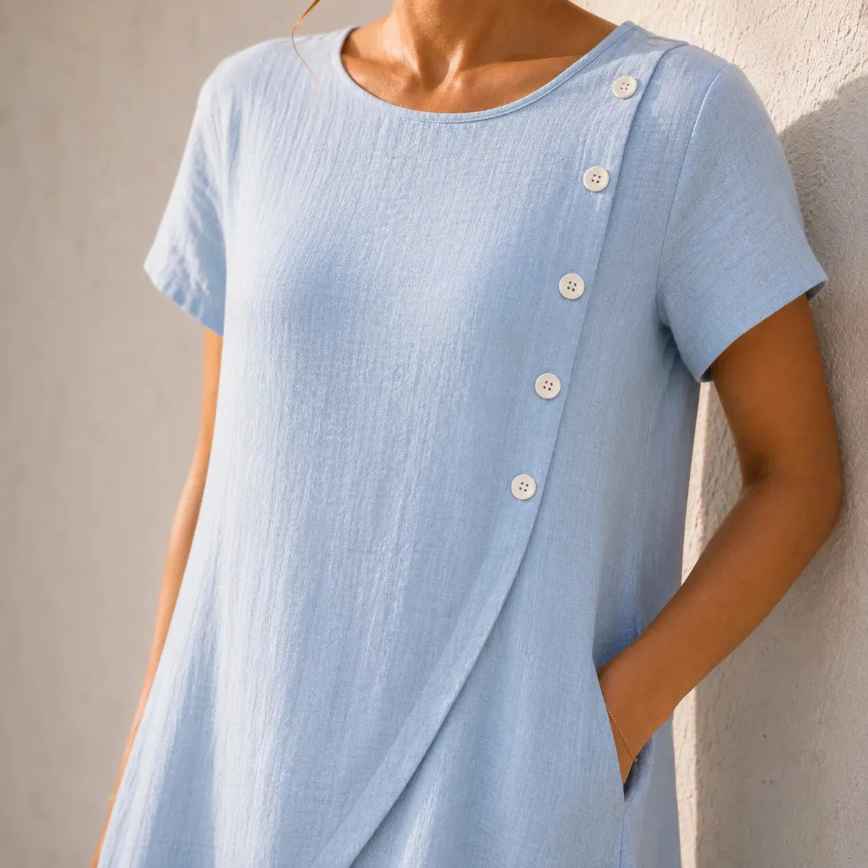 Sumlor – Asymmetric Button Midi Dress with Pockets for Summer