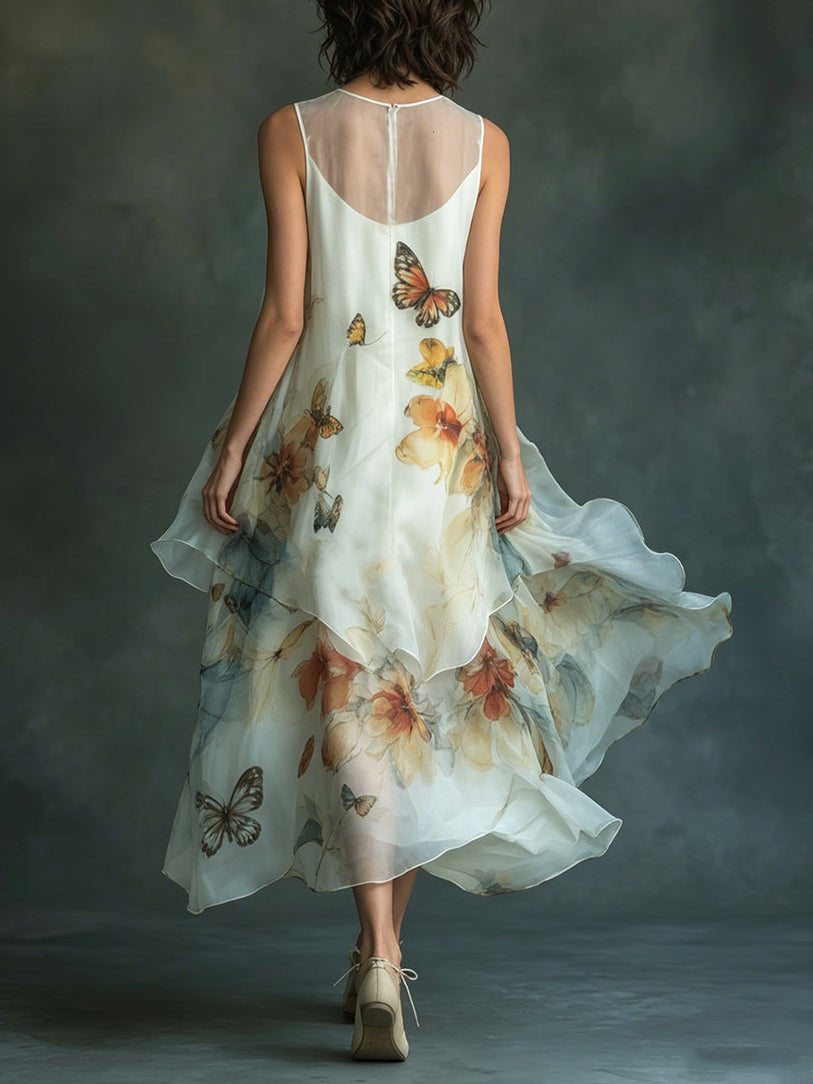 Organza Butterfly-Print Sleeveless Midi Dress