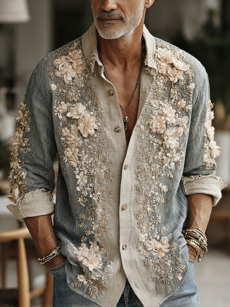 Men's Vintage Gradient Floral Art Casual Button Linen Shirt