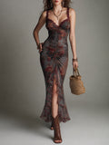 Elegant Lace Trim Printed Mesh Ruffled Hem Maxi Dress