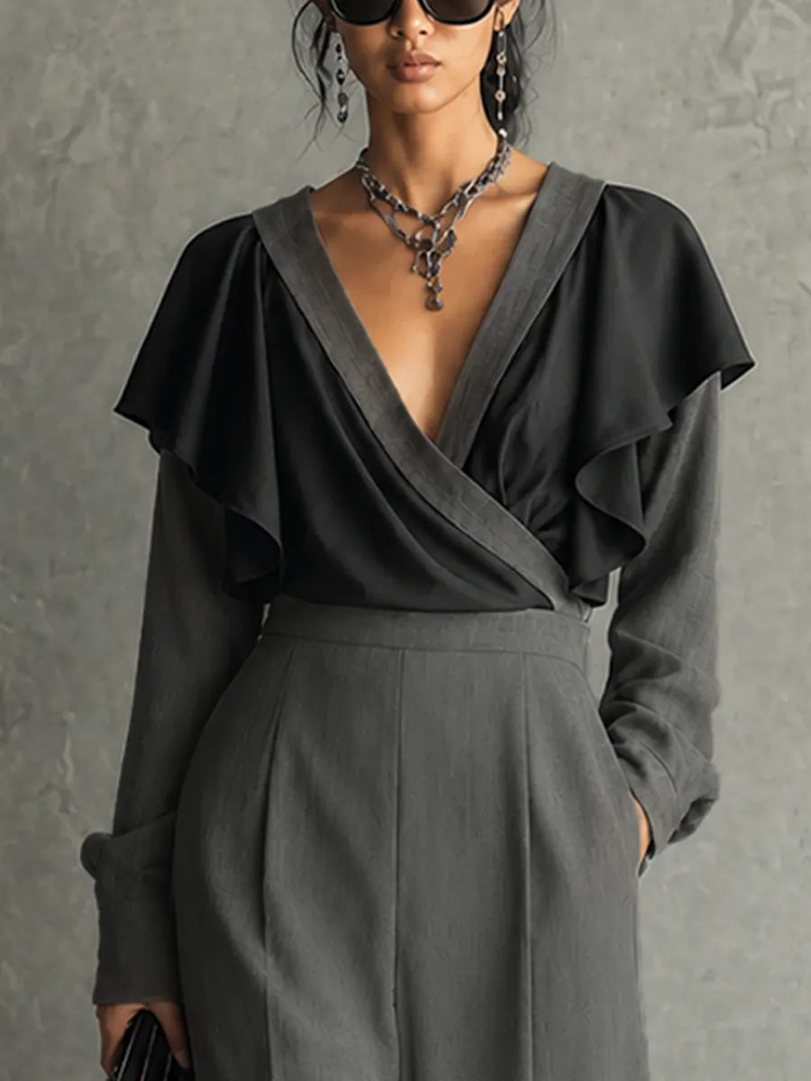 Women's Elegant Charcoal Gray Cotton Blend Chiffon Wrap Ruffle Sleeve Wide-Leg Jumpsuit MDZ2018G9GMJ