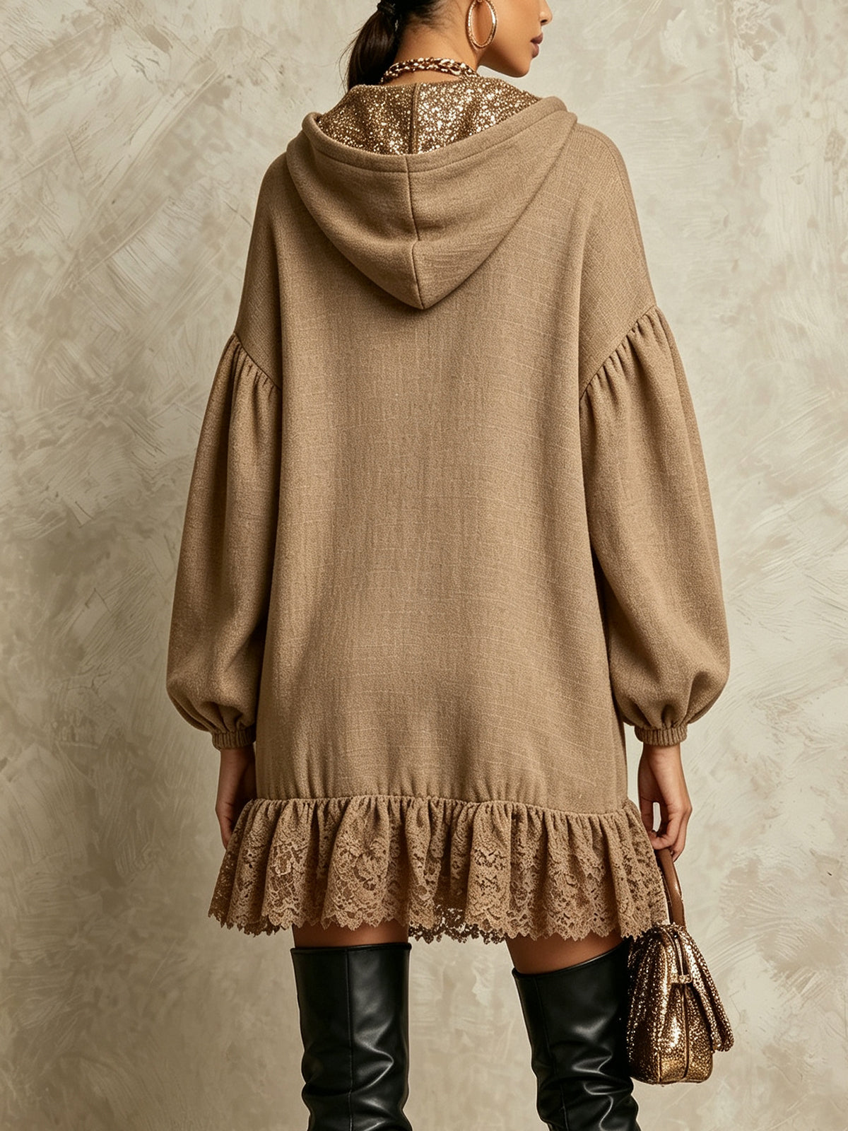 Khaki Hooded Lace Hem Oversized Mini Dress