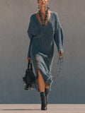 Blue Distressed Knit Batwing Maxi Dress