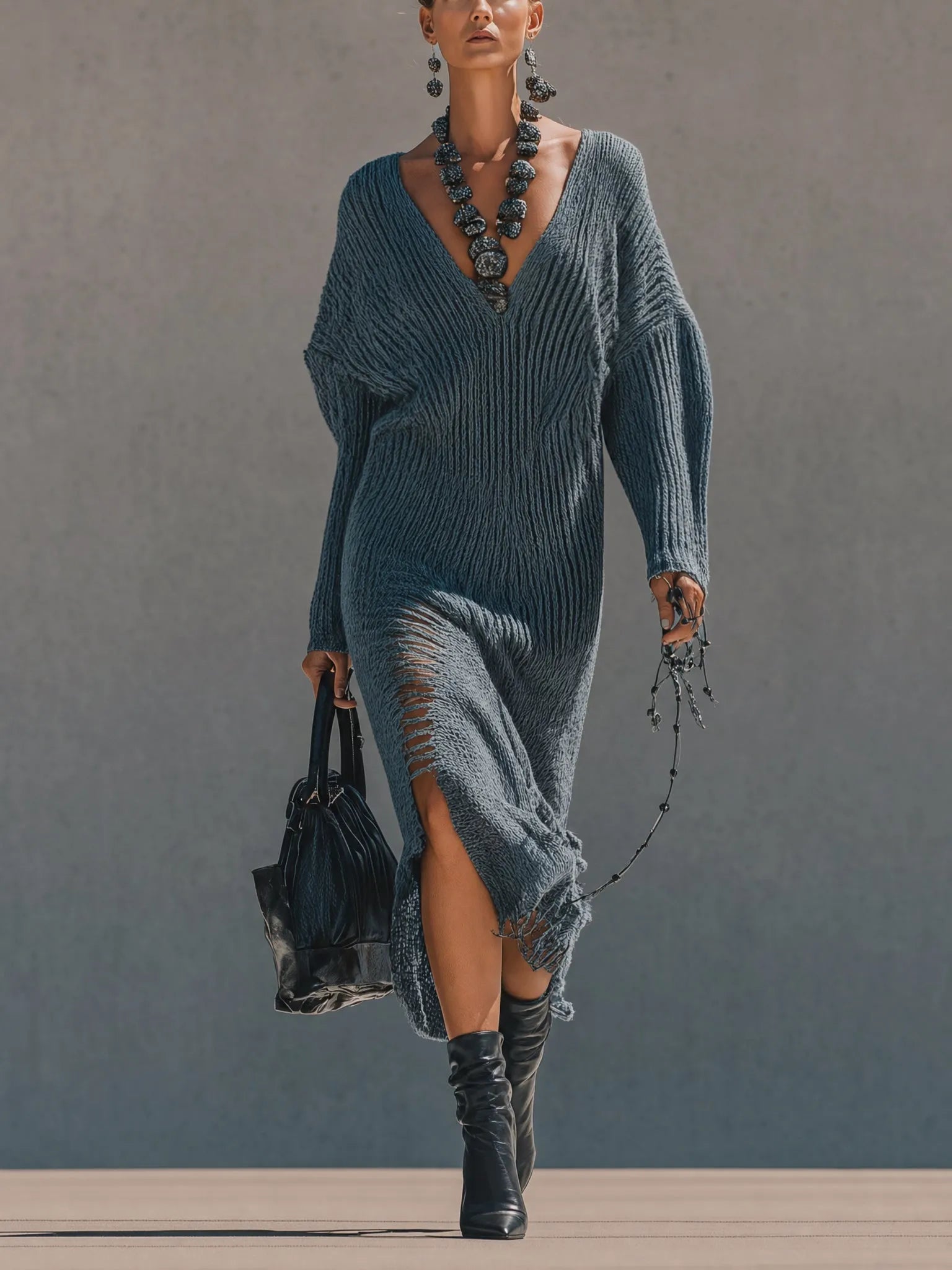 Blue Distressed Knit Batwing Maxi Dress
