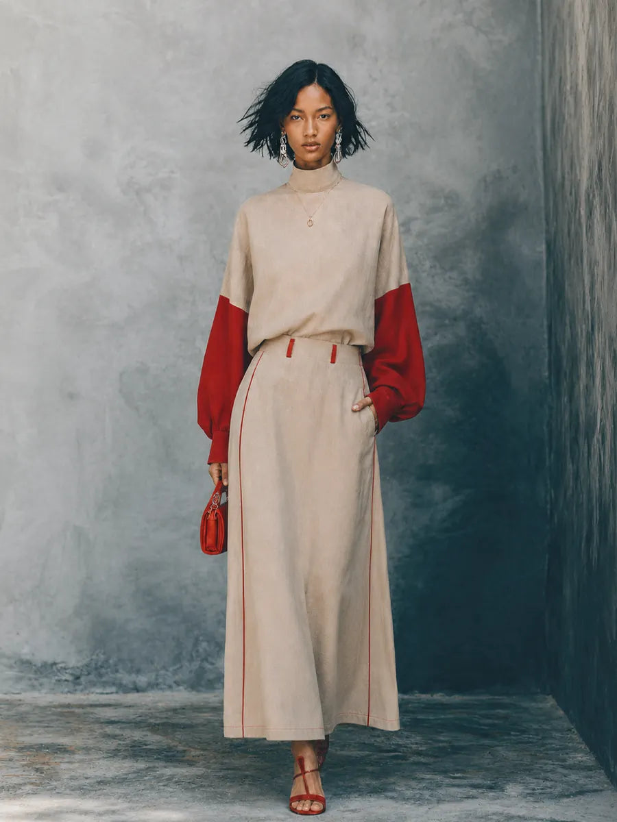 Women's Retro Casual Light Khaki Cotton Linen And Red Knit Cotton Blend High Neck Color Block Sleeve Long Sleeve Full Length Pants Set MDZ1511G0GMJ