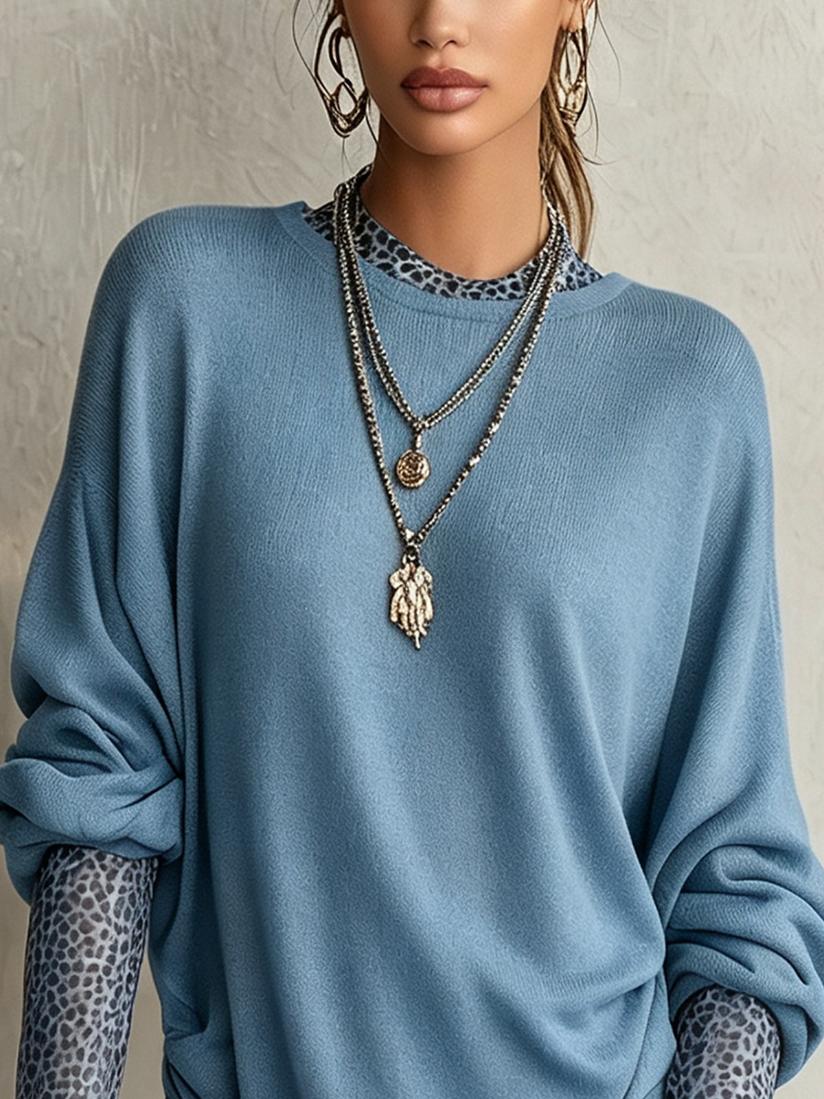 Blue Oversized Animal Trim Knit Mini Dress