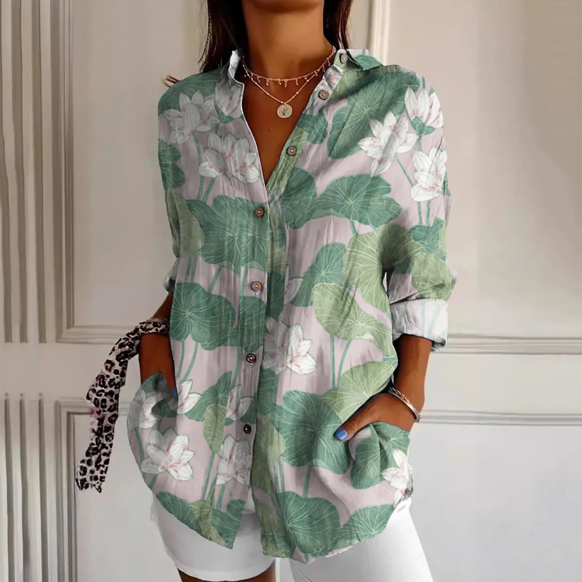Casual Water Lily Art Pattern Women'S Shirt