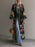 Boho Luxe Belted Velvet Floral Duster Cardigan
