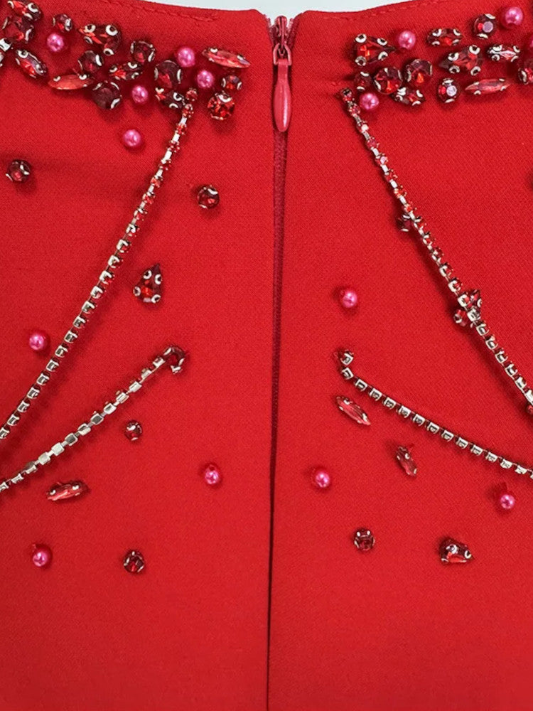 Long Sleeve Embellished Shoulders Maxi Dress Red