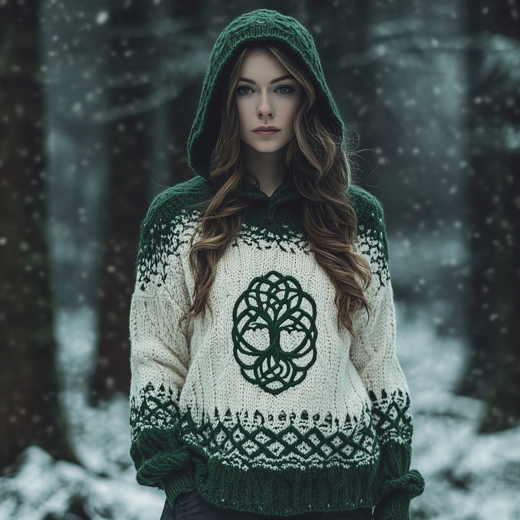 Women's Irish Celtic Knotted Floral Jacquard Crew Neck Sweater Dress