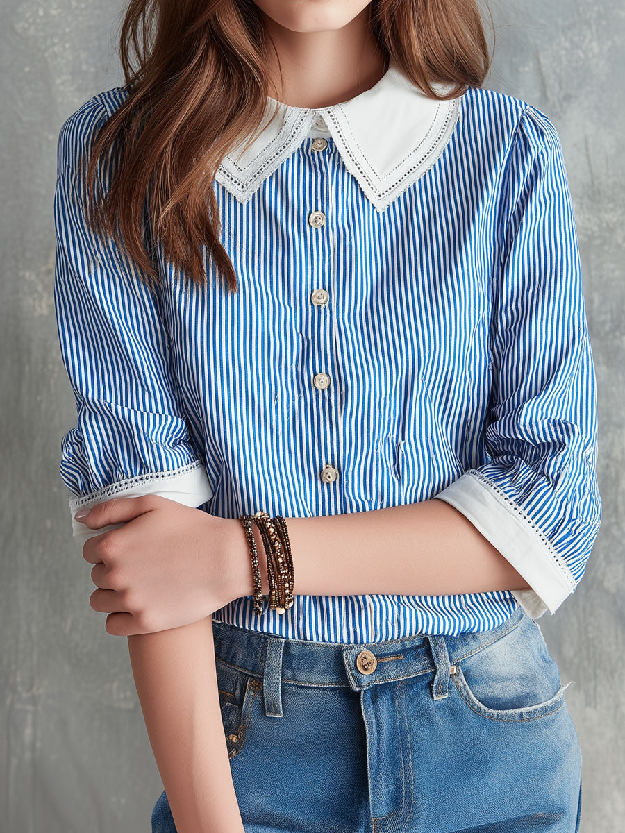 Boho Contrast Collar Blue And White Striped Cotton Blouse