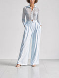 Women's Elegant Casual Light Blue Pointelle-Knit Zip-Up Lapel-Collar Long-Sleeve Cardigan & Wide-Leg Trouser Set MDZ1744G5CMX