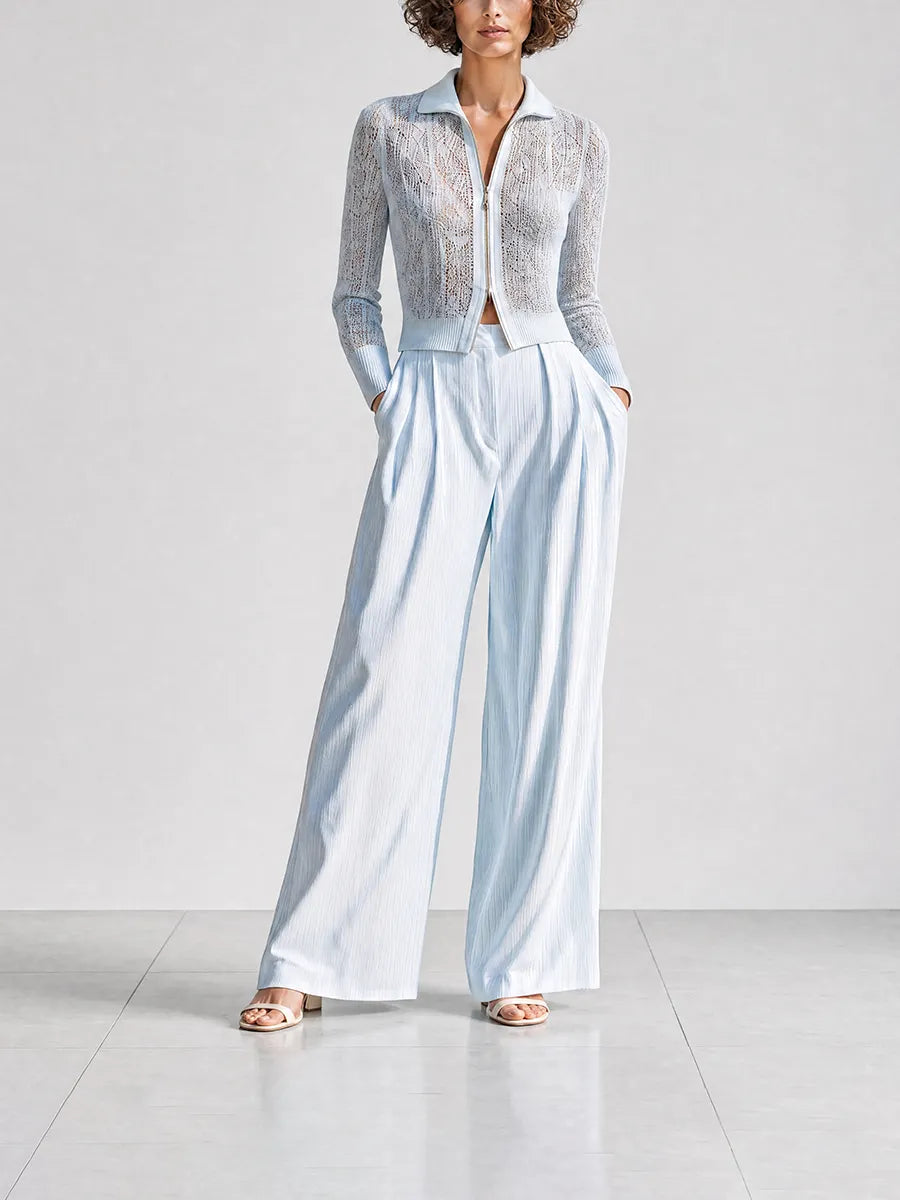 Women's Elegant Casual Light Blue Pointelle-Knit Zip-Up Lapel-Collar Long-Sleeve Cardigan & Wide-Leg Trouser Set MDZ1744G5CMX